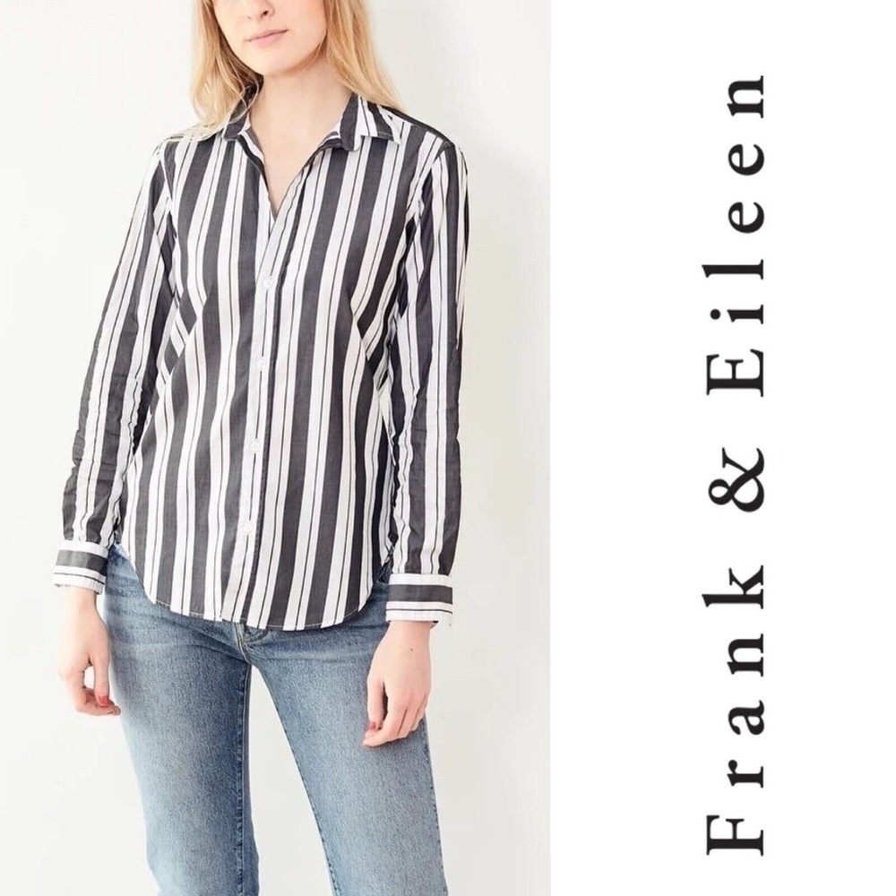 Frank & Eileen Womens Barry Button-Up Shirt Sz Small White Gray Striped Crinkle